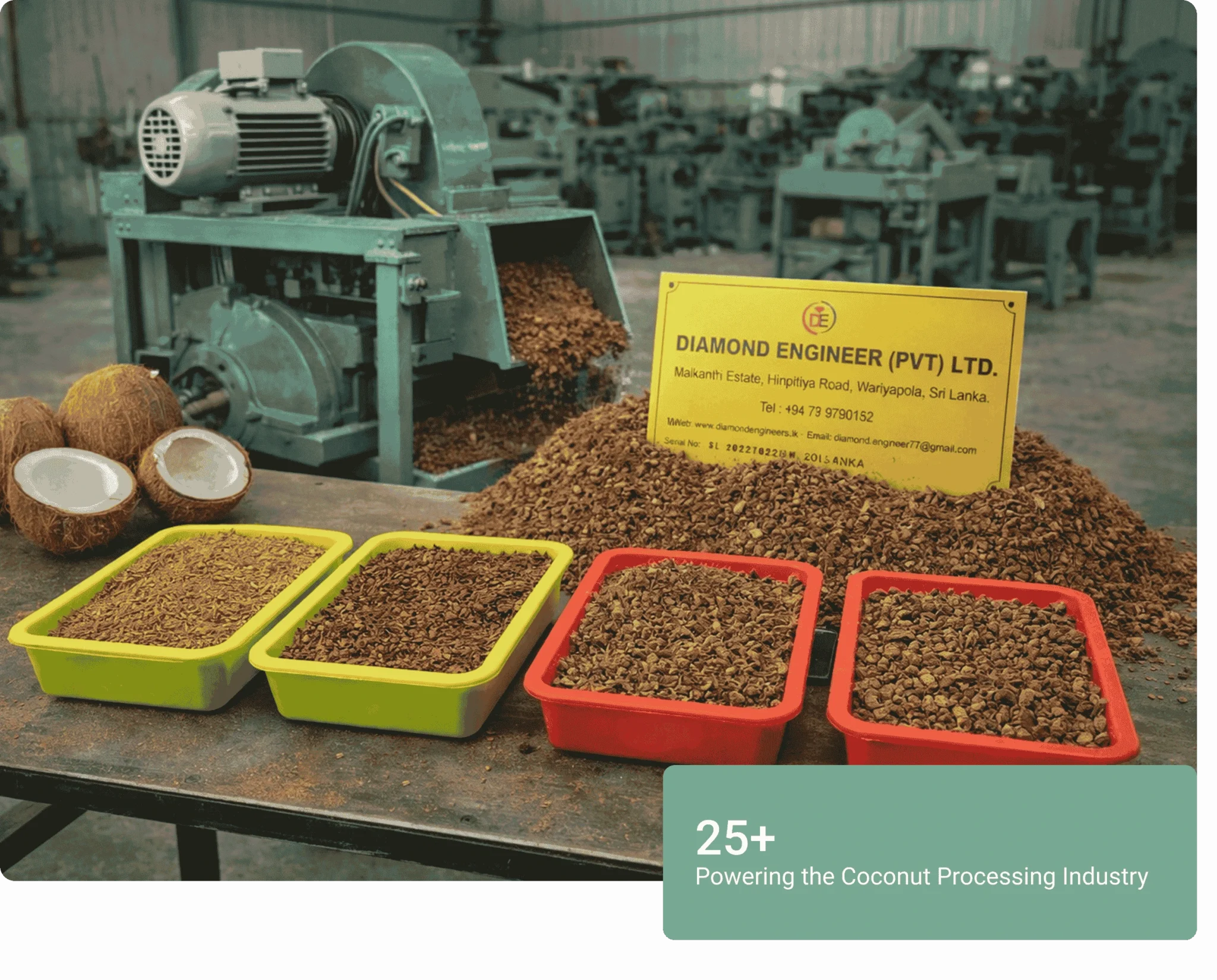 Coconut processing industry solutions in Sri Lanka are essential for modern coconut-based industries Coconut husk processing machine producing coco peat and chips at Diamond Engineers Sri Lanka workshop